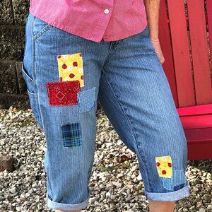 Upcycled Patchwork Denim Capris: Handmade Summer Garden Patches, Women's Size 10